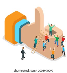 Flat isometric male people crowd climb on huge internet Like sign net vector illustration. Social network 3d isometry promotion concept. 