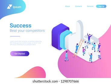 Flat isometric male people crowd climb on huge internet Like sign net vector illustration. Social network 3d isometry promotion concept. 