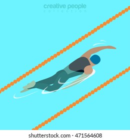 Flat isometric male swimmer on lane swimming crawl style vector illustration. Sportsman 3d isometry image. Summer international competition concept.