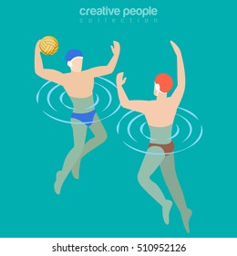 Flat isometric Male water-polo players vector illustration. Team sports 3d isometry concept.