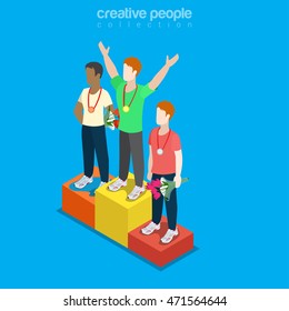Flat isometric male winner athletes on pedestal with medals vector illustration. Sportsmen 3d isometry image. Summer international competition concept.