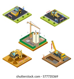 Flat isometric male workers laying asphalt, pipes under the ground, building house vector illustration set. 3d isometry special machinery, city construction concept.