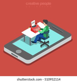 Flat isometric male Writer sitting on smartphone screen at table, typing document, using old typewriter vector illustration. 3d isometry Mobile technology concept.