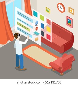 Flat isometric man standing in Reality VR glasses in living room, choosing furniture and color on virtual screen vector illustration. 3d isometry online interior design concept.