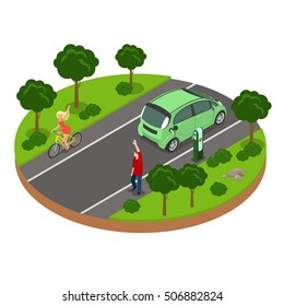 Flat isometric man and woman greeting on road, female riding bicycle, male filling his car on green nature background vector illustration. 3d isometry Eco transport concept.
