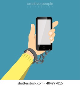 Flat isometric Man's hand chained to Smartphone vector illustration. Social networks addiction 3d isometry concept.