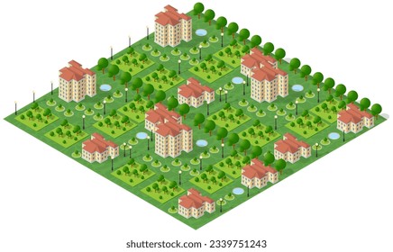 Flat isometric map, landscape city, building skyscraper,  parks, cafe, landmarks. Vector 3d top view block dormitory area