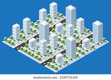 Mapa isométrico plano, ciudad paisajista, rascacielos de construcción, parques, cafés, monumentos. Vector 3d de la parte superior del bloque dormitorio