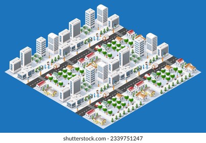Flat isometric map, landscape city, building skyscraper,  parks, cafe, landmarks. Vector 3d top view block dormitory area