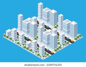 Flat isometric map, landscape city, building skyscraper,  parks, cafe, landmarks. Vector 3d top view block dormitory area