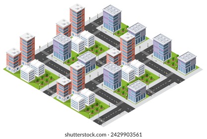 Flat isometric map, landscape city, building skyscraper,  parks, cafe, landmarks. Vector 3d top view block dormitory area