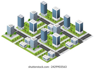 Flat isometric map, landscape city, building skyscraper,  parks, cafe, landmarks. Vector 3d top view block dormitory area