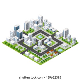 Flat Isometric Map, Landscape City, Building Skyscraper,  Parks, Cafe, Landmarks. Vector 3d Top View Block Dormitory Area