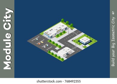Flat isometric map, landscape city, building skyscraper, picture of the nature, parks, cafe, landmarks. Vector 3d top view block dormitory area