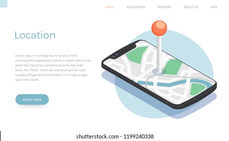 Flat isometric map navigation mobile application with yellow location pin on smartphone screen. Vector concept horizontal banner for landing page template.