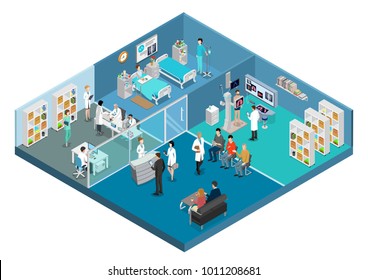 Iluminación isométrica plana Centro médico hospitalario ilustración del vector interior. Plantilla de infografía sobre salud. 3d concepto de atención médica de isometría. Equipos, médicos, enfermeras, personajes de pacientes, habitaciones