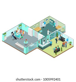 Flat isometric Medical center interior vector illustration. Healthcare infographics template. 3d isometry Health care concept. Equipment, doctors, nurses, patients characters, rooms