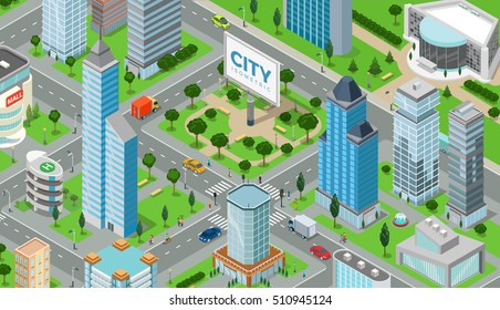 Flat isometric megalopolis blocks infographics with roads and crossroads vector illustration. 3d isometry modern city buildings and architecture collection.
