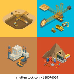 Flat Isometric Metallurgical Plant, Gold Coal And Open Development, Minerals Extraction And Delivery Transport Vector Illustration Set. 3d Isometry Mining, Raw Materials Industry Concept.