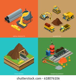 Flache isometrische metallurgische Anlage, Mineralienextraktion und Transport Vektorgrafik Set. 3D-Isometrie-Metallprodukte, Steinbruch, Minenausrüstung, Goldbergbau-Konzept.