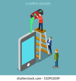 Flat isometric micro people standing on ladder, filling green liquid from opened battery into smartphone port vector illustration. 3d isometry Mobile charging, power bank capacity concept.