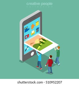 Flat isometric micro people uploading picture into smartphone screen vector illustration. 3d isometry Mobile, photo gallery app concept.