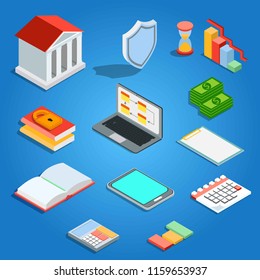Flat isometric mobile banking concept. Credit and Loans online office.