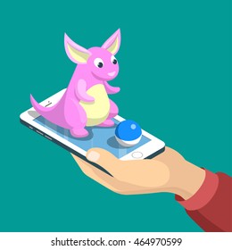 Flat isometric mobile game catch vector illustration. Human hand hold smartphone, creature sits on phone. Virtual MMOG game 3d isometry concept.