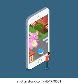 Flat isometric mobile game vector illustration. Micro man against creature, seek and find. Virtual MMOG game 3d isometry concept.