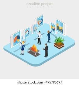 Flat isometric Modern analytics department interior, businesspeople working with touchscreen boards vector illustration. 3d isometry Online technology, Data analysis, Teamwork business concept.