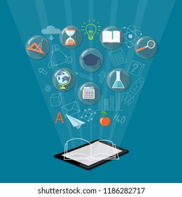 Flat isometric modern design with computer tablet. E-learning, e-book, online education, home education concept with school icons under magnifying glasses, hand drawn symbols. 3d illustration eps 10