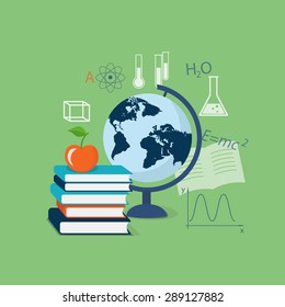 Flat isometric modern design concept of back to school, university, studying, learning education, training with isometric books, globe and school icons. 3d illustration. eps 10