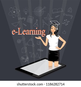 Flat isometric modern design with word e-learning and coming out girl from the touchpad. E-learning,  online education, home education concept with hand drawn school icons. 3d illustration. eps 10.