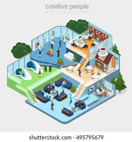 Flat isometric Modern office interior, businesspeople working vector illustration. 3d isometry business concept. Cafeteria, Fitness, Meeting room, Teamwork brainstorming, Analytics department.