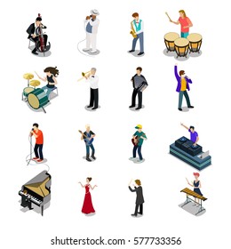 Flat isometric Musicians and showmen vector icon set. 3d isometry Entertainment concept. Group of people playing instrument, scene concert. DJ, drummer, entertainer, emcee, saxophonist characters.