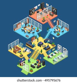 Flat isometric office center floors interior, company departments with staff vector illustration. 3d isometry Business Architecture concept. Director, accountant, manager, client, secretary characters