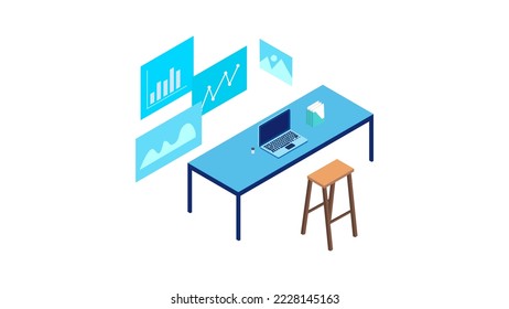 Flat isometric office chair, table on laptop, file ,coffie  vector illustration. business data analysis, Landing page template,charts and analyzing statistics 
