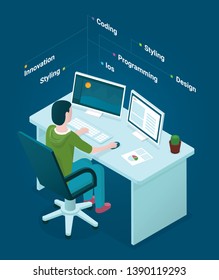 Flat isometric office designer workspace concept vector. Laptop, smart phone, tablet, player, desktop computer, headphones, devices set.