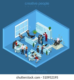 Flat isometric office interior full negative characters vector illustration. 3d isometry business concept. Lazy male sleeping on working place, sharper running away with money, angry manager yelling.