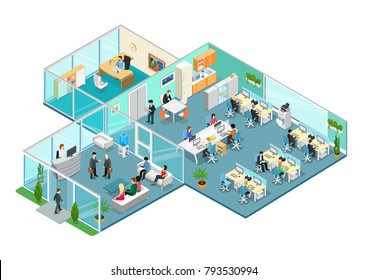 Flat Isometric Office Interior Vector Illustration. 3d Isometry Business Concept. Working Business People Characters At Workplace, Reception, Head Shelf, Managers. Rooms With Furniture.