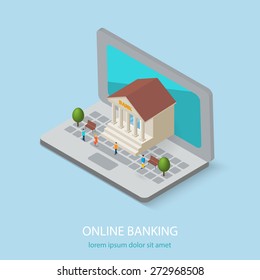 Flat isometric online or internet banking concepts. 3D bank building is on laptop computer,  isolated. Tiny people are coming there, vector illustration