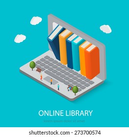 Loja on-line isométrica plana, e-learning, conceito de biblioteca digital. Computador portátil com livros dentro, ilustração vetorial. Pessoas pequenas lendo