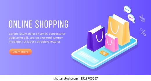 Flat isometric online shopping e-commerce concept: phone, clothes, shopping bag, add to cart, discount coupon, Boutique, clothing store. Landing, banner template. transactions on screen. Fast delivery
