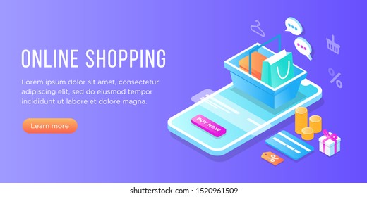 Flat isometric online shopping e-commerce concept: phone, box, clothes, shopping bag, add to cart, credit card, coins.  Boutique, clothing store. Landing, banner template. transactions on screen