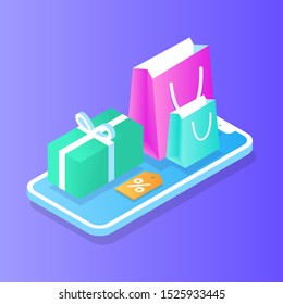Flat isometric online shopping e-commerce concept: phone, box, clothes, shopping bag, add to cart, discount coupon.  Boutique, clothing store. Landing, banner template. transactions on screen