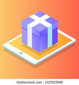 Flat isometric online shopping e-commerce concept: purple box on tablet screen, Boutique, clothing store. Landing, banner template. transactions on screen. Fast delivery, store package