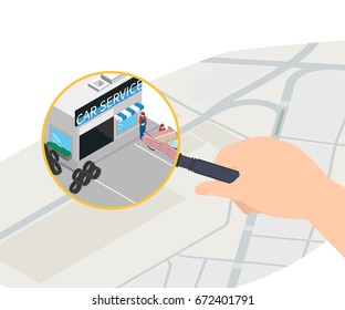 Flat isometric paper map with huge magnifier and car sevice building vector illustration. Hand holding  magnifier. -stock illustration