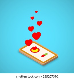 Flat isometric phone with hearts. Call a loved one. Vector illustration.