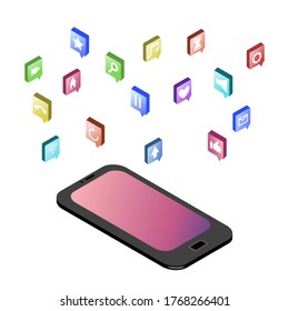 Teléfono isométrico plano. Conversación en línea. Iconos de teléfono. Teléfono móvil de pantalla táctil con coloridos iconos de aplicación, ilustración de teléfono celular aislada en fondo blanco.