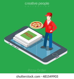 Flat Isometric Pizza Boy And Boxes On Smartphone Vector Illustration. 3d Isometry Online Mobile Ordering And Delivery App Concept.